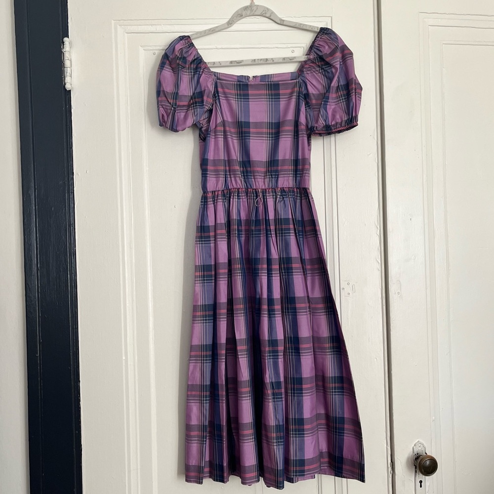 Vintage purple plaid Samuel Blue petite midi dress with puffy sleeves